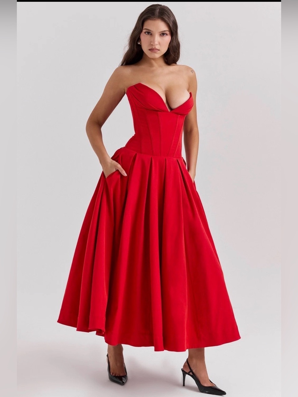 HOUSE OF CB LADY STRAPLESS SCARLET MIDI DRESS